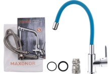 Смеситель для кухни Maxonor  гибкий излив с гайкой, синий/ хром MN70112-4-5