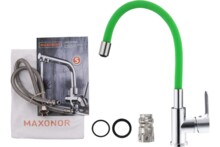 Смеситель для кухни Maxonor  гибкий излив с гайкой, зеленый/хром MN70112-12-5